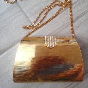 Gold Metal Hard Shell Crossbody Evening Handbag. Size Small